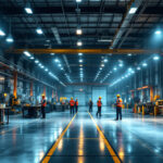 A photograph of a well-lit industrial workspace showcasing various lighting installations
