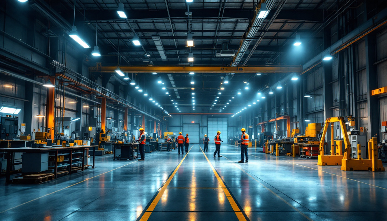 A photograph of a well-lit industrial workspace showcasing various lighting installations