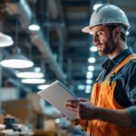 A photograph of a lighting contractor inspecting various industrial lighting fixtures in a well-lit warehouse setting