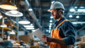 A photograph of a lighting contractor inspecting various industrial lighting fixtures in a well-lit warehouse setting