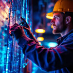 A photograph of a skilled lighting contractor working on a vibrant sylvania lighting installation