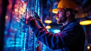A photograph of a skilled lighting contractor working on a vibrant sylvania lighting installation