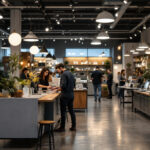 A photograph of a bustling commercial lighting showroom
