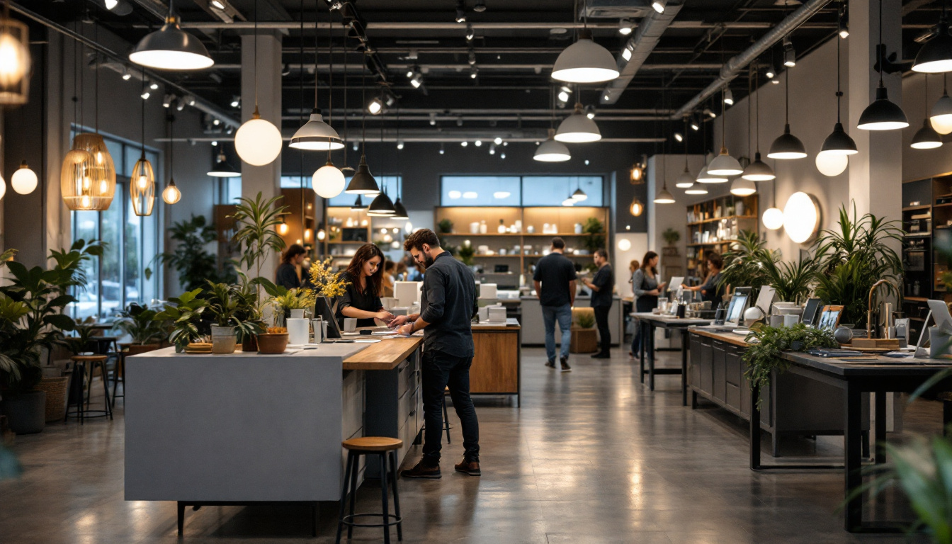 A photograph of a bustling commercial lighting showroom