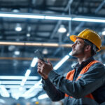 A photograph of a lighting contractor inspecting a well-lit industrial space with led linear high bay lights