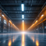 A photograph of a well-lit industrial space featuring a linear high bay lighting installation