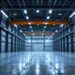 A photograph of a well-lit industrial space featuring 4 ft linear led high bay lights installed