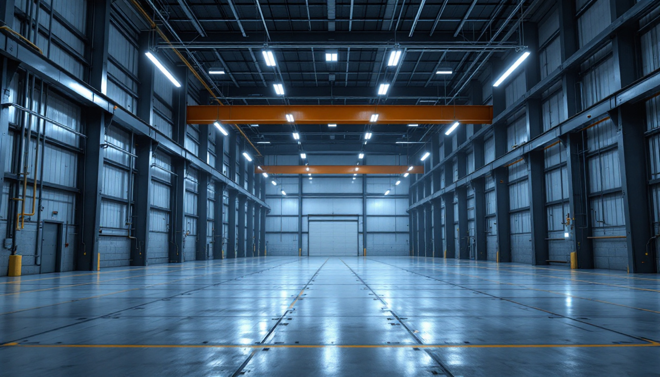 A photograph of a well-lit industrial space featuring 4 ft linear led high bay lights installed