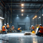 A photograph of a well-lit industrial space showcasing 2x4 high bay led lights in action