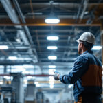 A photograph of a well-lit industrial space showcasing metal halide high bay light fixtures in action