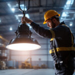 A photograph of a lighting contractor installing a 100 watt led high bay light in a spacious industrial setting