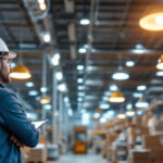 A photograph of a well-organized warehouse interior showcasing various types of lighting fixtures