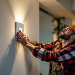 A photograph of a skilled lighting contractor installing or adjusting a modern light switch in a well-lit residential setting