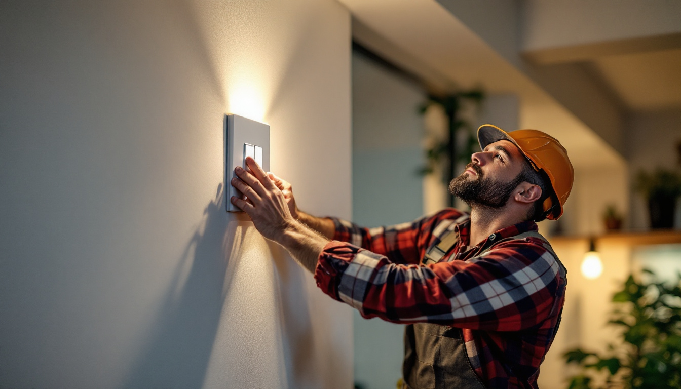 A photograph of a skilled lighting contractor installing or adjusting a modern light switch in a well-lit residential setting