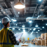 A photograph of a well-organized warehouse space showcasing various lighting fixtures installed at different heights and angles