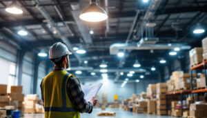 A photograph of a well-organized warehouse space showcasing various lighting fixtures installed at different heights and angles