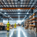 A photograph of a well-lit warehouse interior showcasing various lighting solutions