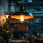A photograph of a stylish warehouse hanging light fixture in an industrial setting