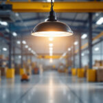 A photograph of a well-lit warehouse interior featuring a stylish warehouse pendant light