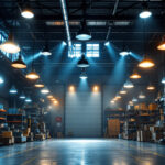 A photograph of a well-lit warehouse interior showcasing various types of industrial lamps in use