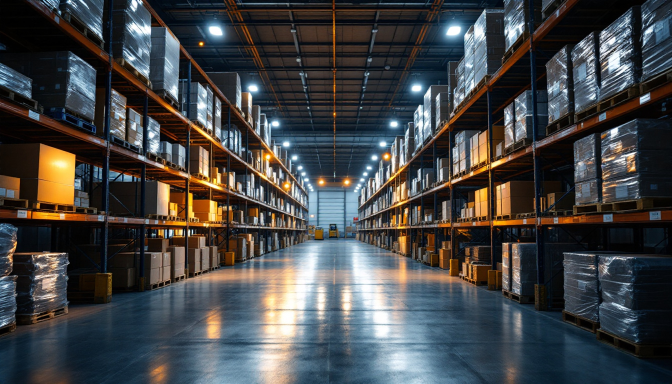 A photograph of a well-lit warehouse interior showcasing various lighting solutions in action