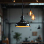 A photograph of a stylish warehouse pendant lamp hanging in a well-lit