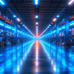 A photograph of a brightly lit warehouse interior featuring led strip lights installed along the aisles and shelves