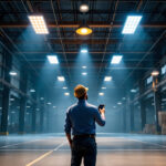 A photograph of a well-lit warehouse interior showcasing various ceiling lighting options