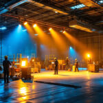 A photograph of a well-lit warehouse interior showcasing various led lighting installations