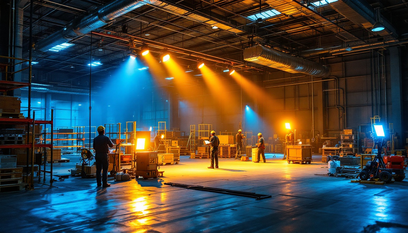 A photograph of a well-lit warehouse interior showcasing various led lighting installations