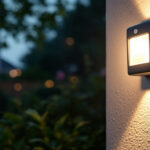 A photograph of a motion sensor light installed in a residential or commercial setting