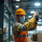 A photograph of a skilled lighting contractor installing high-efficiency led fixtures in a bustling warehouse environment