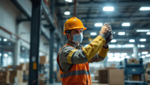 A photograph of a skilled lighting contractor installing high-efficiency led fixtures in a bustling warehouse environment