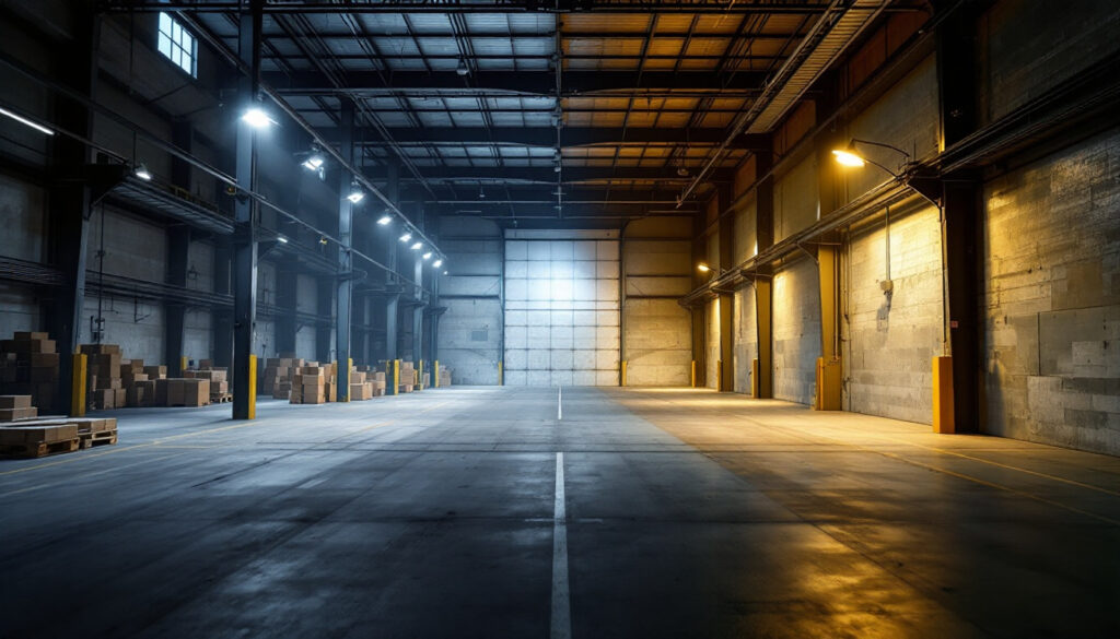 A photograph of a well-lit warehouse interior showcasing different lighting designs and fixtures in action