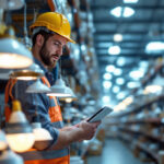 A photograph of a lighting contractor examining a variety of wholesale lighting fixtures in a well-lit warehouse