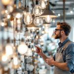 A photograph of a well-organized display of various wholesale light fixtures in a bright