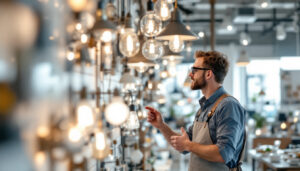 A photograph of a well-organized display of various wholesale light fixtures in a bright
