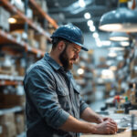 A photograph of a lighting contractor in a well-organized wholesale lighting supply warehouse