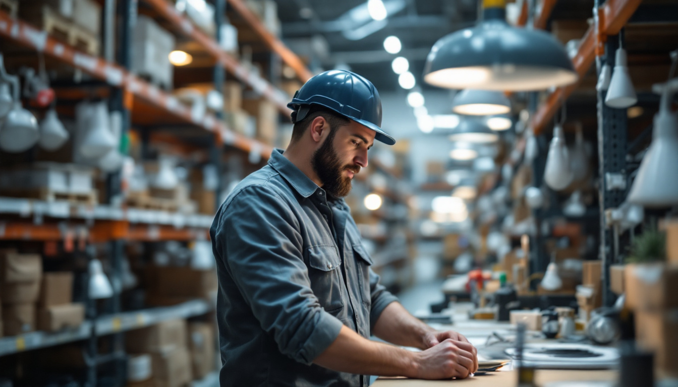 A photograph of a lighting contractor in a well-organized wholesale lighting supply warehouse
