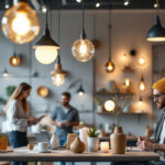 A photograph of a modern lighting showroom featuring a diverse range of stylish fixtures