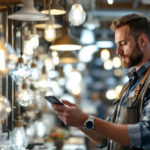 A photograph of a lighting contractor examining various wholesale lighting fixtures in a well-lit showroom