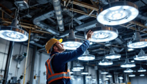 A photograph of a modern high bay lighting installation in an industrial or commercial setting