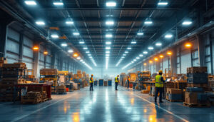 A photograph of a well-lit warehouse interior showcasing various types of industrial lighting fixtures in action