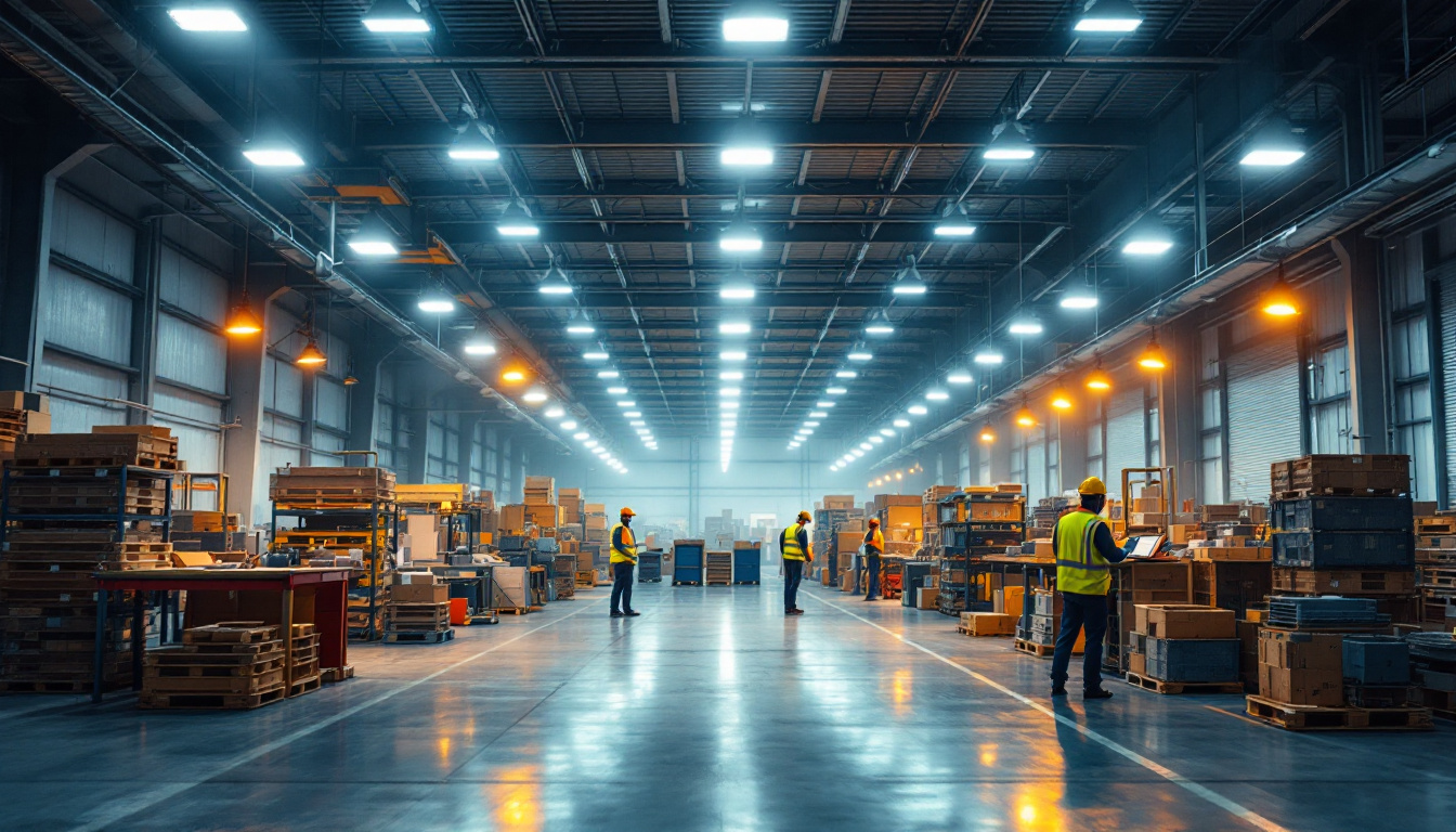A photograph of a well-lit warehouse interior showcasing various types of industrial lighting fixtures in action