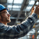 A photograph of a skilled lighting contractor expertly installing or adjusting industrial fixtures in a well-lit warehouse or factory setting