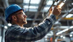 A photograph of a skilled lighting contractor expertly installing or adjusting industrial fixtures in a well-lit warehouse or factory setting