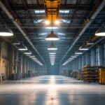 A photograph of a well-lit industrial space showcasing high bay lighting fixtures in action