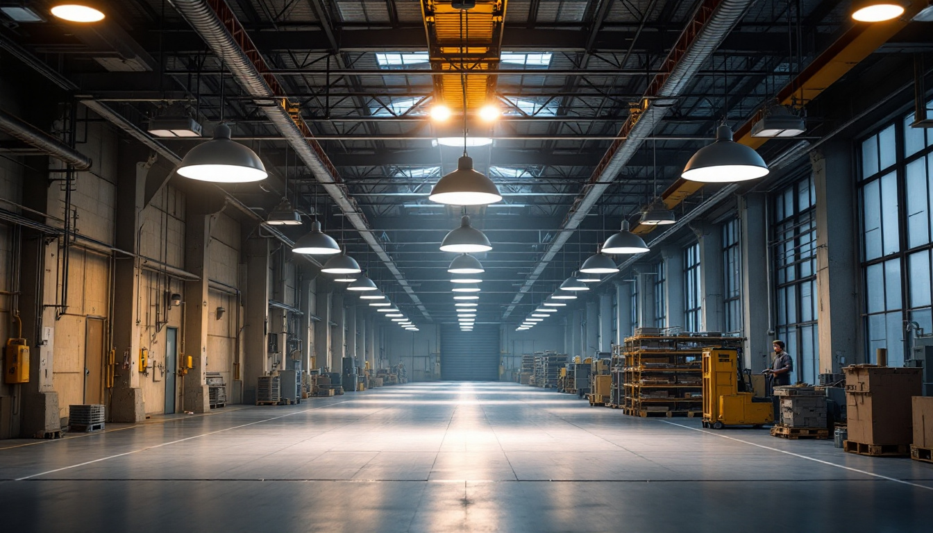 A photograph of a well-lit industrial space showcasing high bay lighting fixtures in action