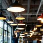 A photograph of a well-lit commercial space featuring various styles of hanging led lights