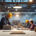 A photograph of a well-lit industrial workspace showcasing modern led lighting fixtures in use